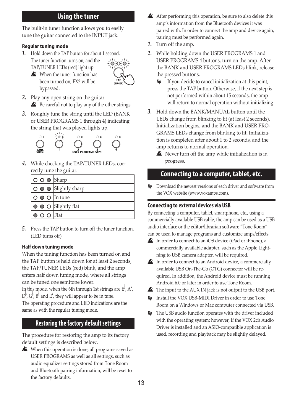 Using the tuner, Restoring the factory default settings, Connecting to a computer, tablet, etc | Using the, Tuner”), Using the tuner”) | Vox Adio Air GT 2x3" 50W Bluetooth Guitar Amplifier User Manual | Page 13 / 50