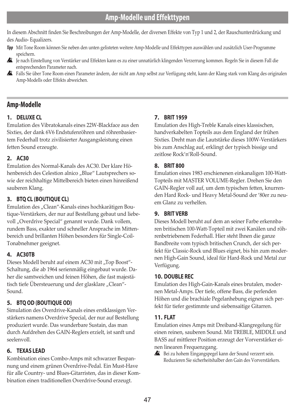 Amp-modelle und effekttypen, Amp-modelle | Vox Adio Air GT 2x3" 50W Bluetooth Guitar Amplifier User Manual | Page 47 / 50