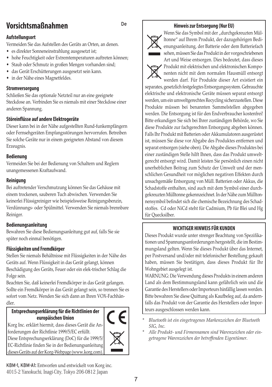 Vorsichtsmaßnahmen | Vox Adio Air GT 2x3" 50W Bluetooth Guitar Amplifier User Manual | Page 7 / 50