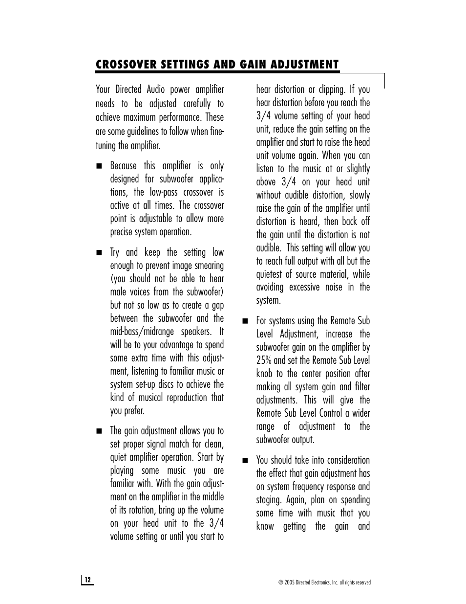 Crossover settings and gain adjustment | Directed Electronics D800 User Manual | Page 12 / 15