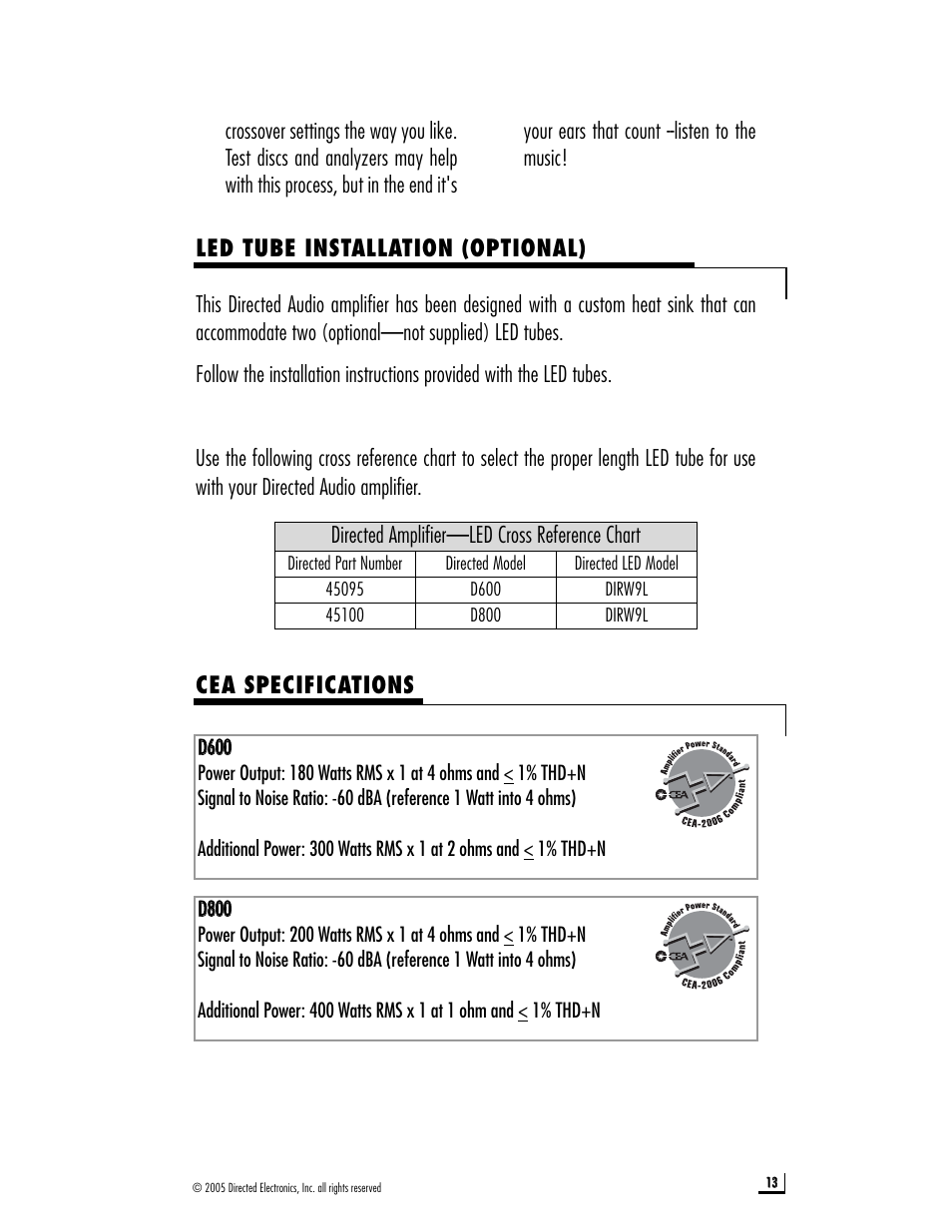 Cea specifications, Led tube installation (optional) | Directed Electronics D800 User Manual | Page 13 / 15