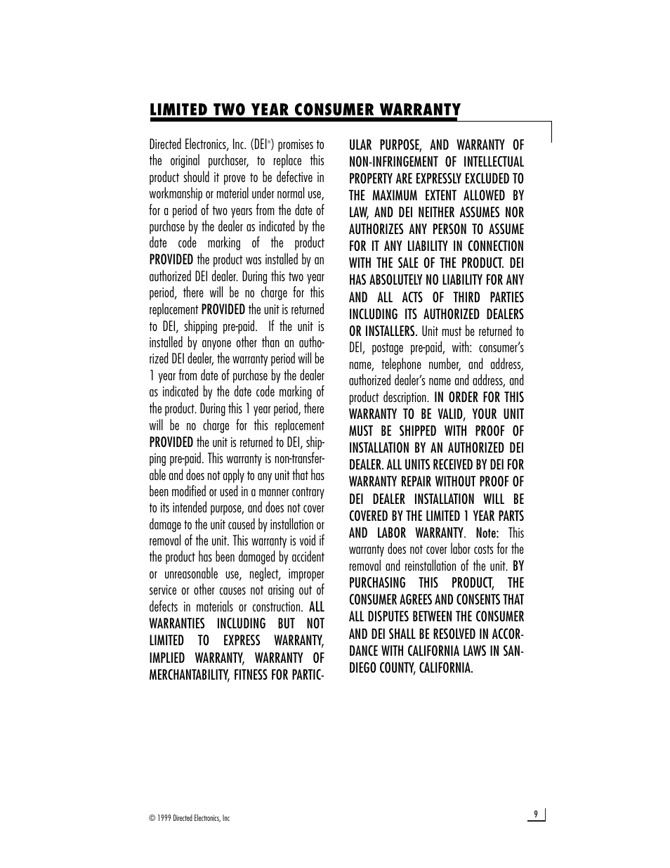 Limited two year consumer warranty | Directed Electronics 150 User Manual | Page 11 / 12