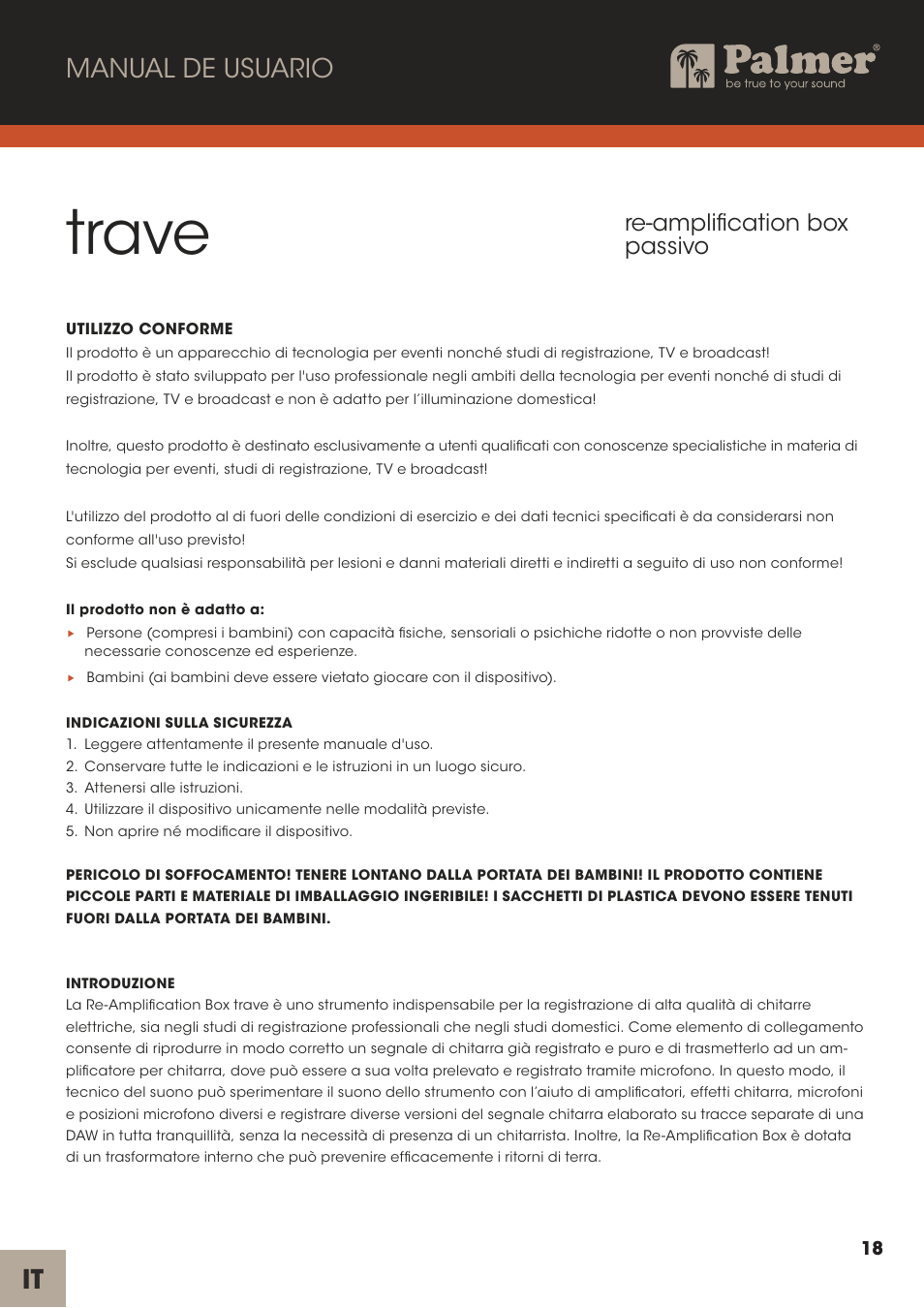 Trave, It manual de usuario, Re-amplification box passivo | Palmer Trave Passive Re-Amplification Box User Manual | Page 18 / 43