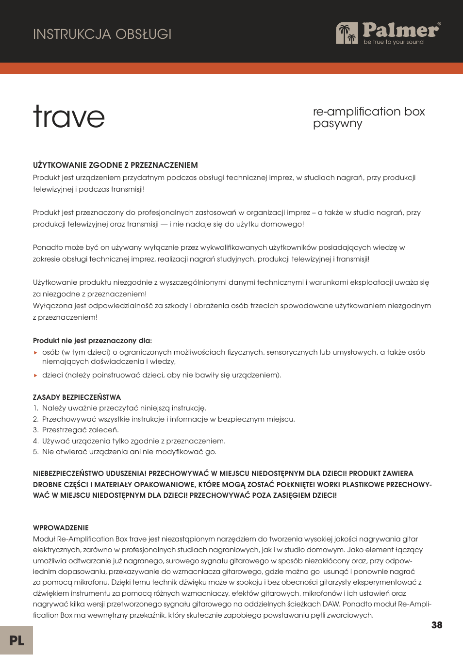 Trave, Pl instrukcja obsługi, Re-amplification box pasywny | Palmer Trave Passive Re-Amplification Box User Manual | Page 38 / 43