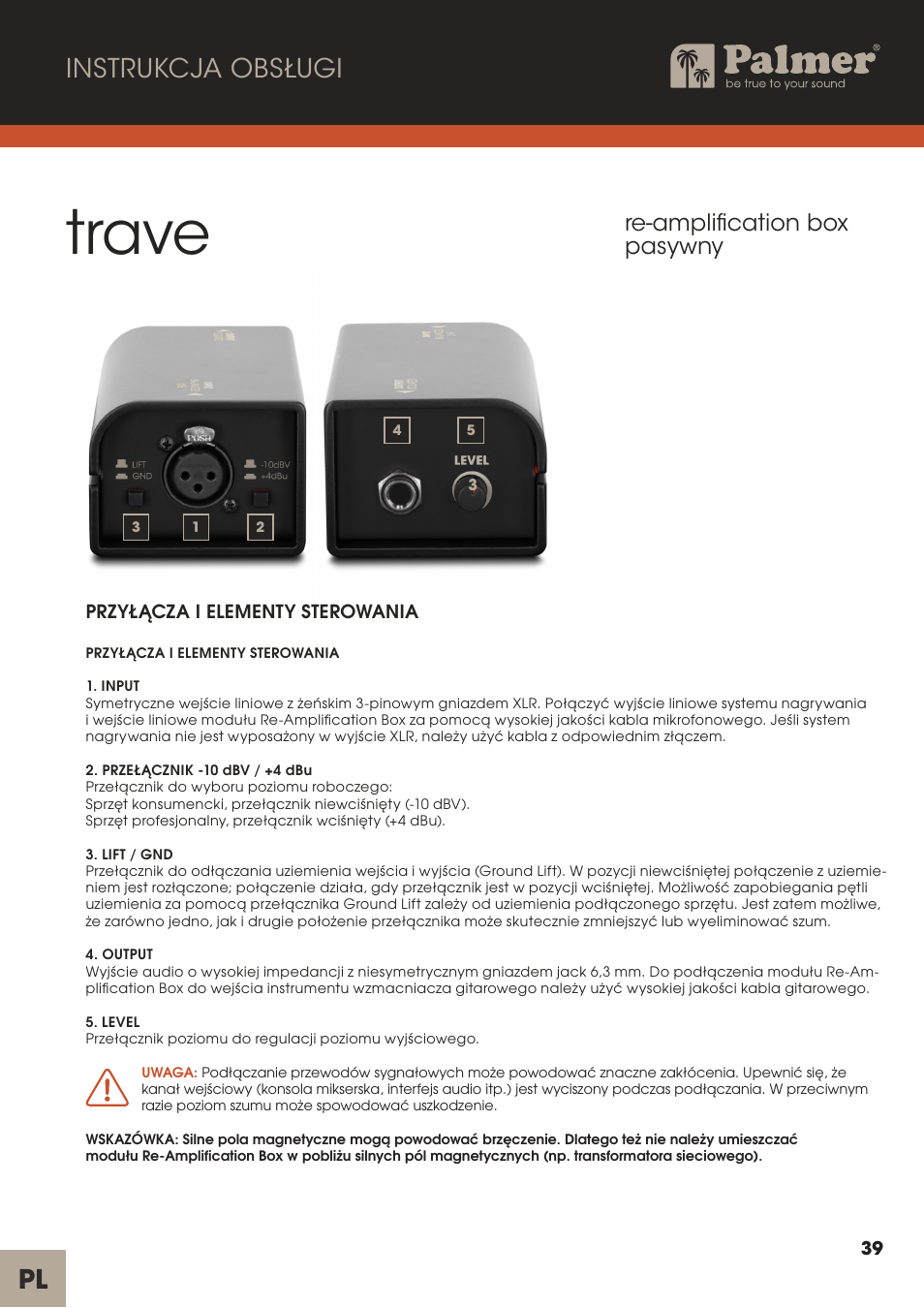 Trave, Pl instrukcja obsługi, Re-amplification box pasywny | Palmer Trave Passive Re-Amplification Box User Manual | Page 39 / 43