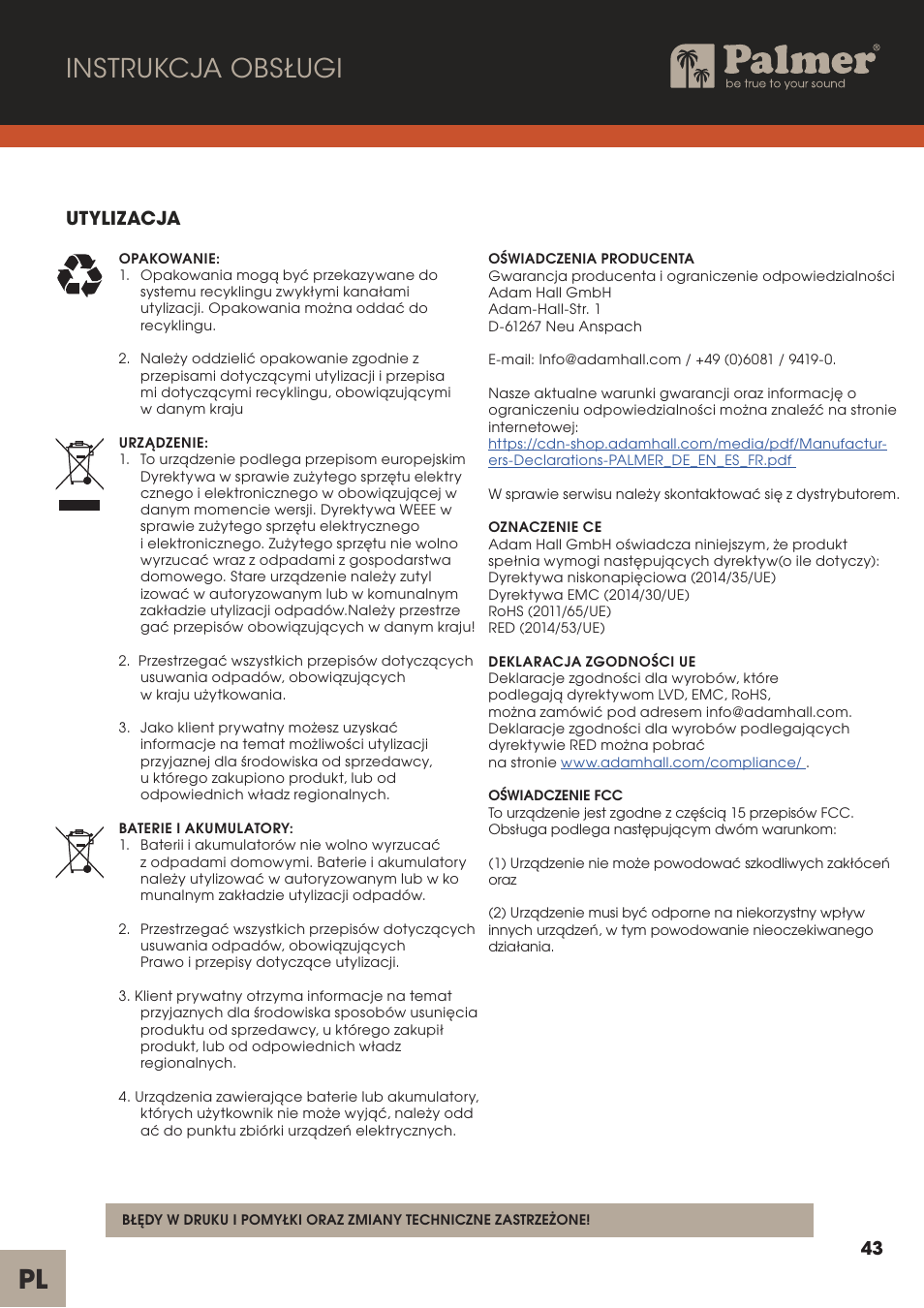 Pl instrukcja obsługi, Utylizacja | Palmer Trave Passive Re-Amplification Box User Manual | Page 43 / 43