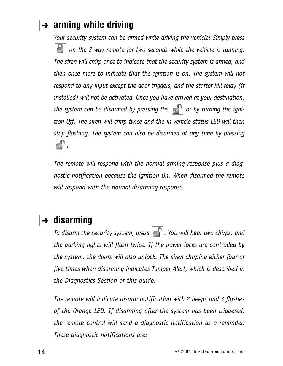 Arming while driving, Disarming | Directed Electronics 120XV User Manual | Page 17 / 42