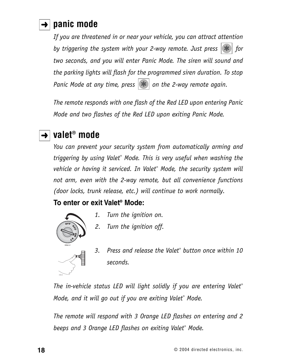 Panic mode, Valet, Mode | Directed Electronics 120XV User Manual | Page 21 / 42