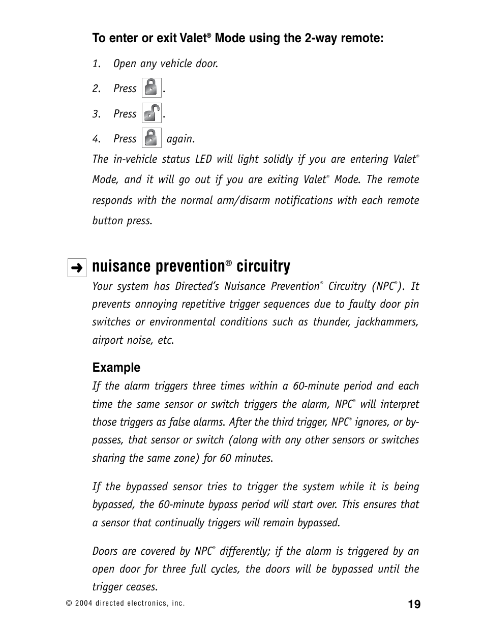 Nuisance prevention, Circuitry, Mode using the 2-way remote | Example | Directed Electronics 120XV User Manual | Page 22 / 42