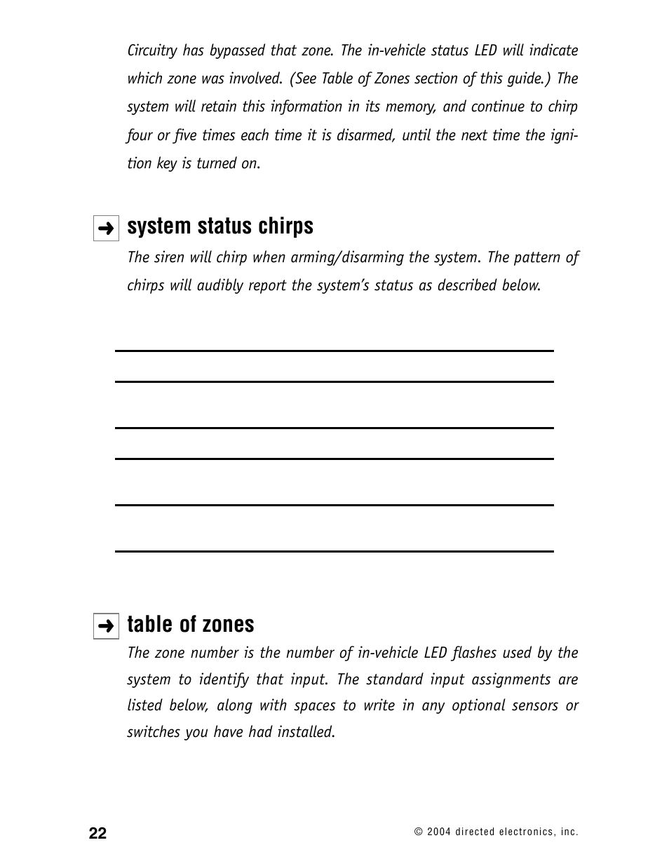 System status chirps, Table of zones | Directed Electronics 120XV User Manual | Page 25 / 42