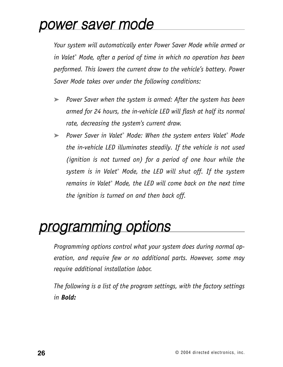 Ppo ow we err ssa avve err m mo od de e, Pprro og grra am mm miin ng g o op pttiio on nss | Directed Electronics 120XV User Manual | Page 29 / 42