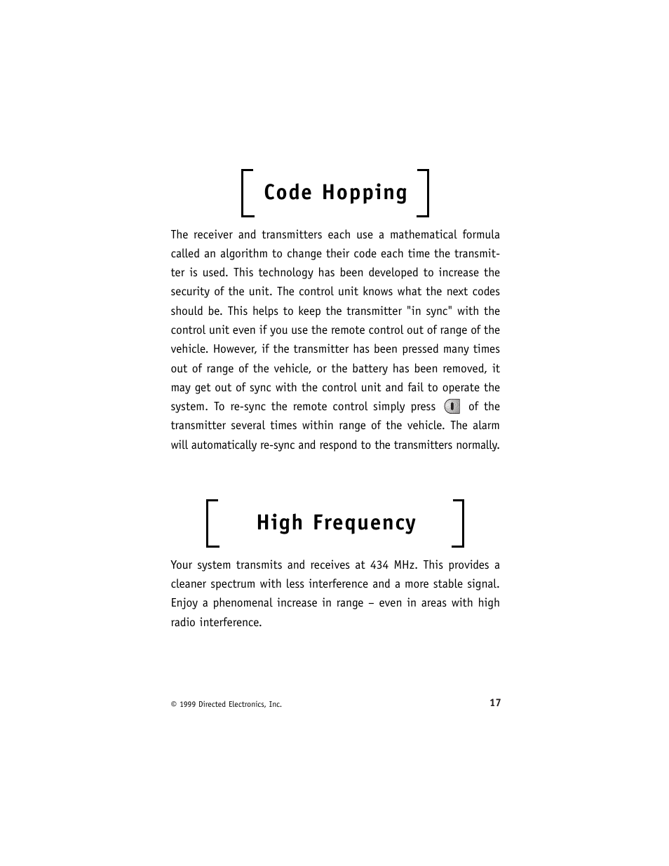 Code hopping, High frequency | Directed Electronics 429 Series User Manual | Page 21 / 40