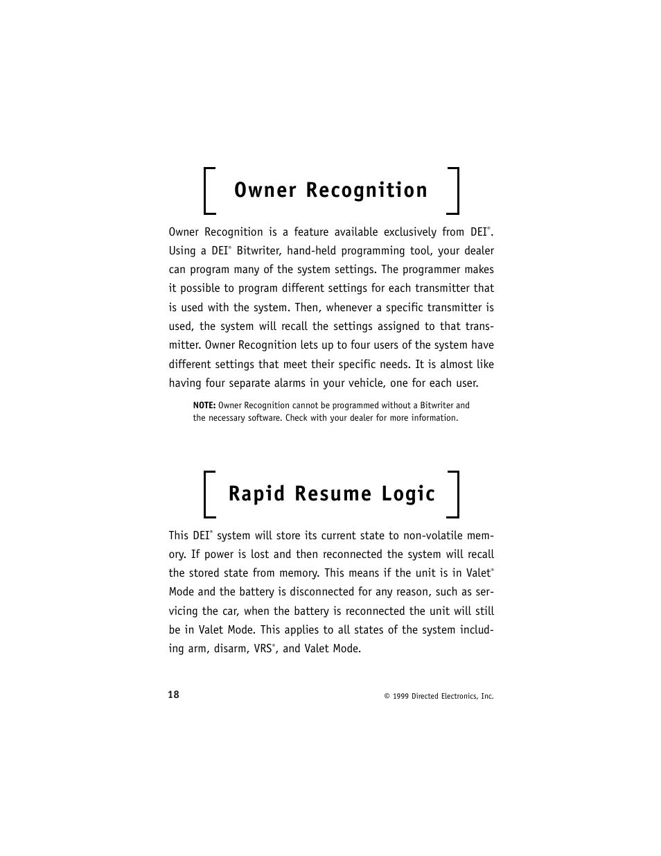 Owner recognition, Rapid resume logic | Directed Electronics 429 Series User Manual | Page 22 / 40