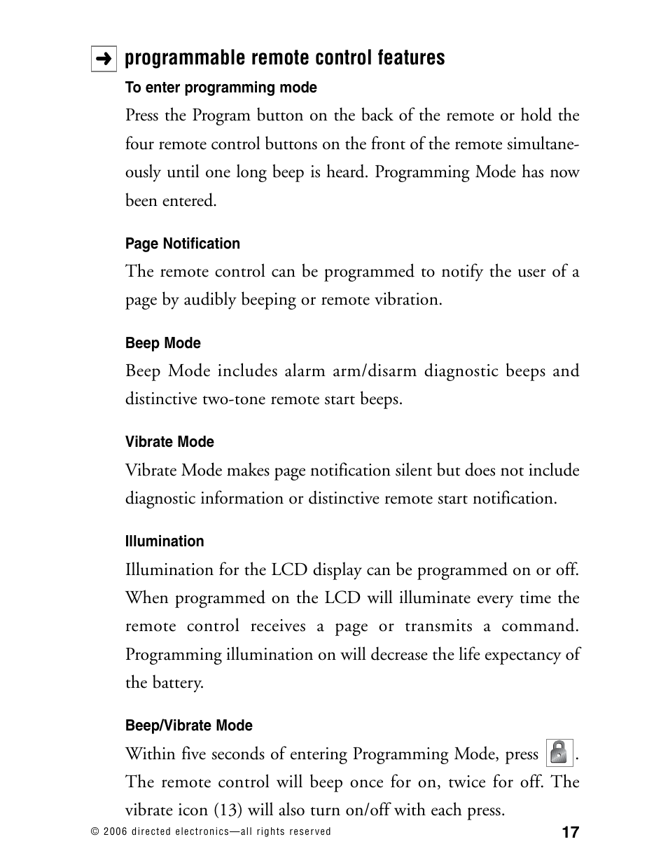 Programmable remote control features | Directed Electronics Model 990 User Manual | Page 20 / 57