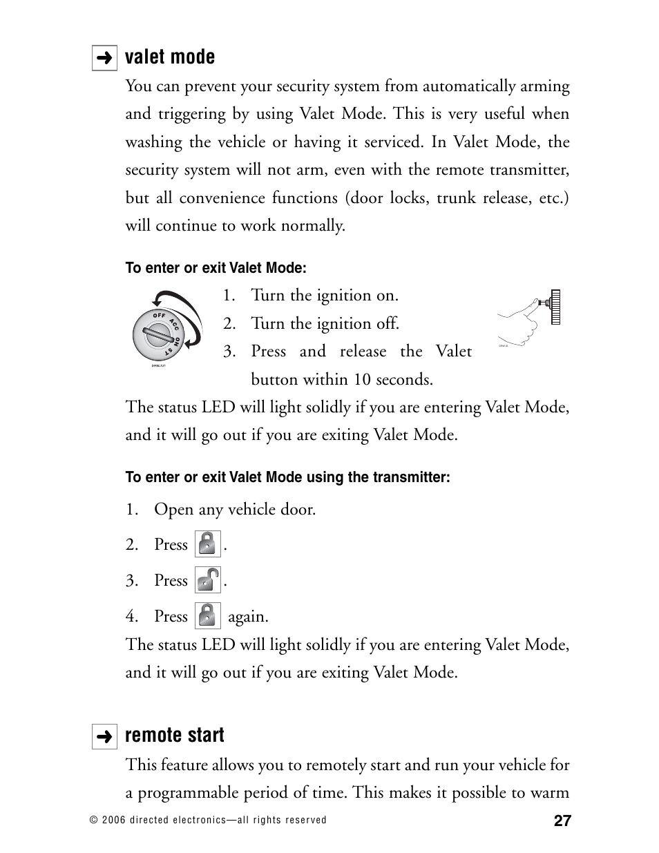Valet mode, Remote start | Directed Electronics Model 990 User Manual | Page 30 / 57