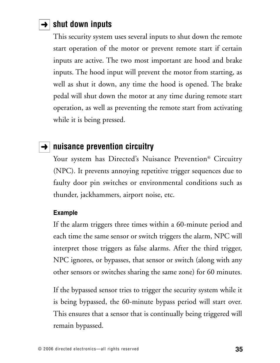 Shut down inputs, Nuisance prevention circuitry | Directed Electronics Model 990 User Manual | Page 38 / 57