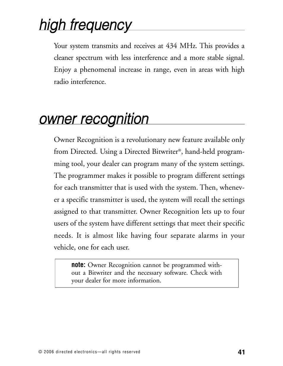Hhiig gh h ffrre eq qu ue en nc cyy, Oow wn ne err rre ec co og gn niittiio on n | Directed Electronics Model 990 User Manual | Page 44 / 57