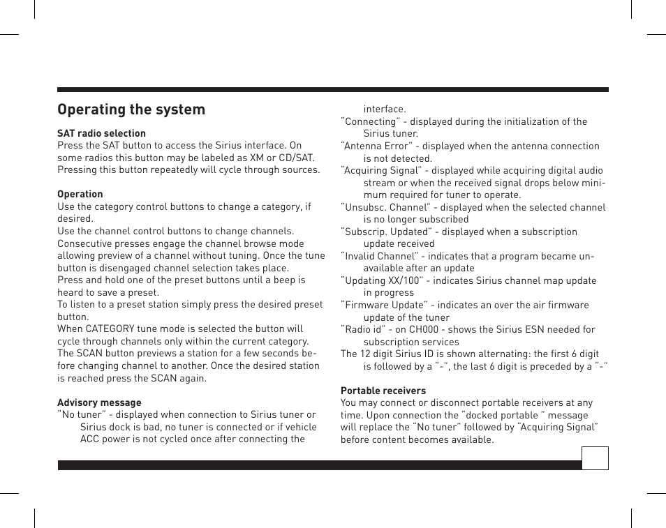 Desktop docking station, Operating the system, Honda/acura sirius interface | Directed Electronics Honda/Acura SIRIUS Interface HON-SC1 User Manual | Page 15 / 20