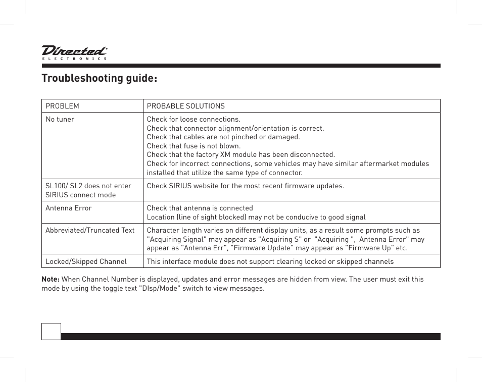 Troubleshooting guide | Directed Electronics Honda/Acura SIRIUS Interface HON-SC1 User Manual | Page 18 / 20