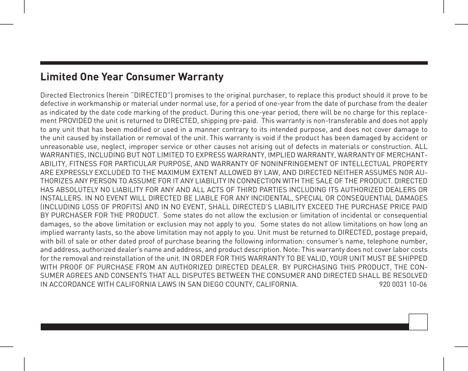 Desktop docking station, Limited one year consumer warranty, Honda/acura sirius interface | Directed Electronics Honda/Acura SIRIUS Interface HON-SC1 User Manual | Page 19 / 20