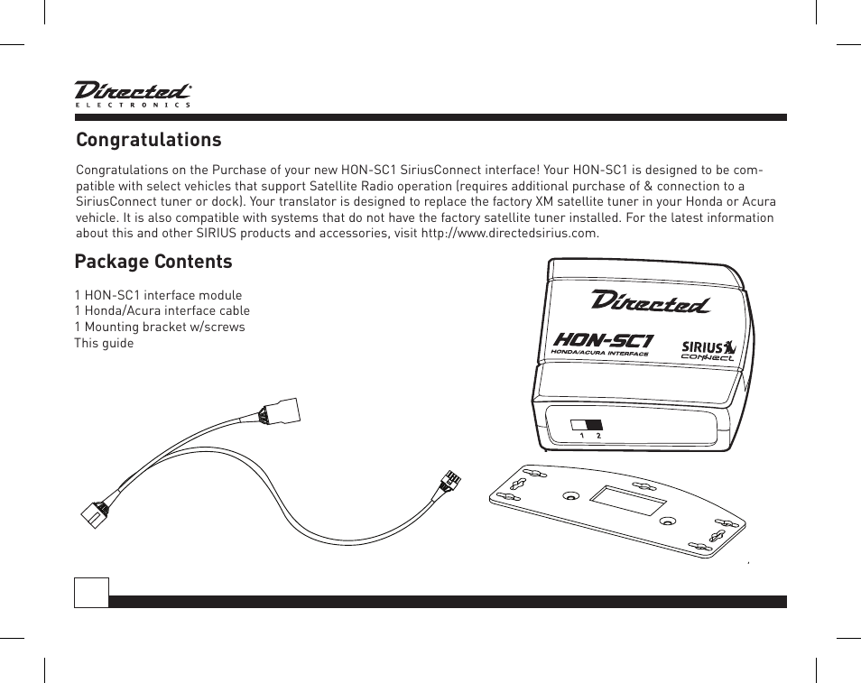 Xm1-1, Package contents, 001 - hits1 pop music name music title | Channel category name title | Directed Electronics Honda/Acura SIRIUS Interface HON-SC1 User Manual | Page 6 / 20