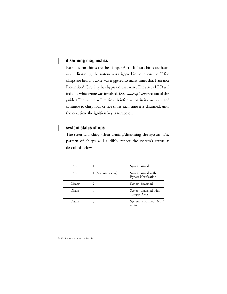 Disarming diagnostics, System status chirps | Directed Electronics Model 690XV User Manual | Page 28 / 47