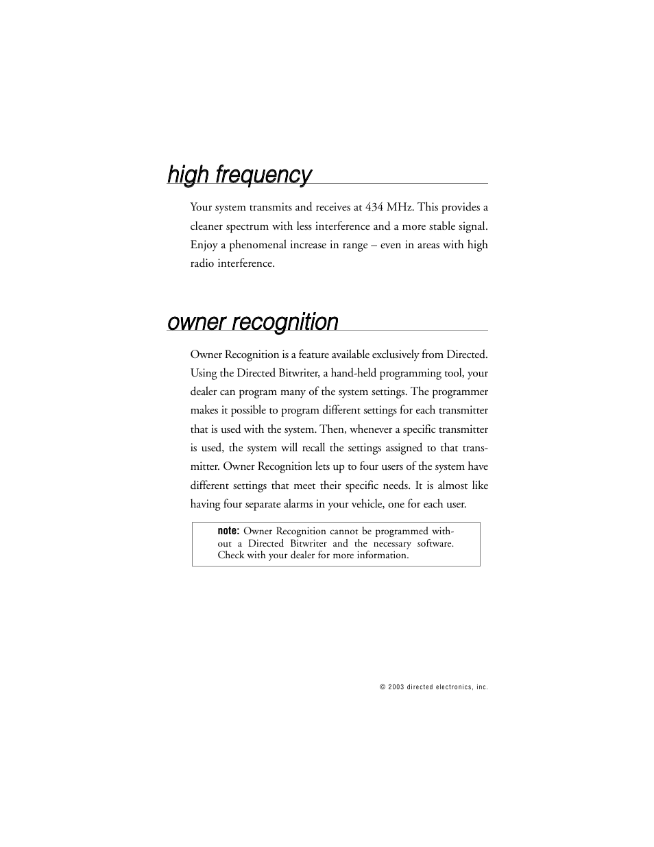 Hhiig gh h ffrre eq qu ue en nc cyy, Oow wn ne err rre ec co og gn niittiio on n | Directed Electronics Model 690XV User Manual | Page 31 / 47