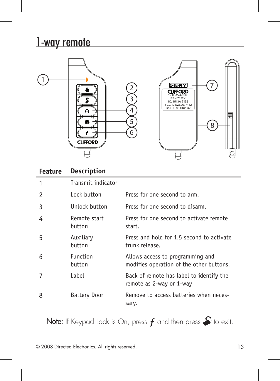 Way remote, If keypad lock is on, press, And then press | Directed Electronics 2.2 User Manual | Page 13 / 52