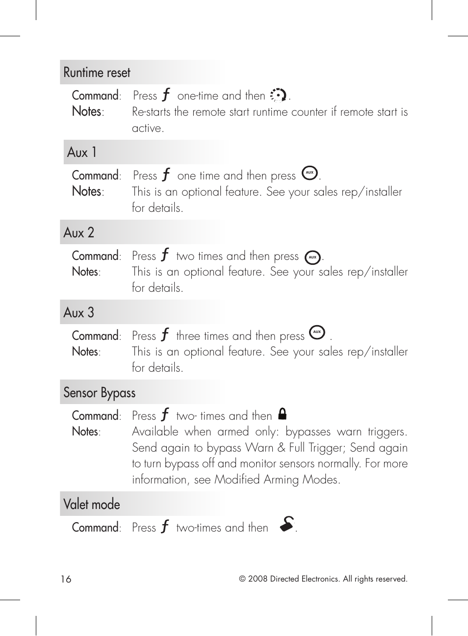 Runtime reset, Aux 1, Aux 2 | Aux 3, Sensor bypass, Valet mode, Command | Directed Electronics 2.2 User Manual | Page 16 / 52