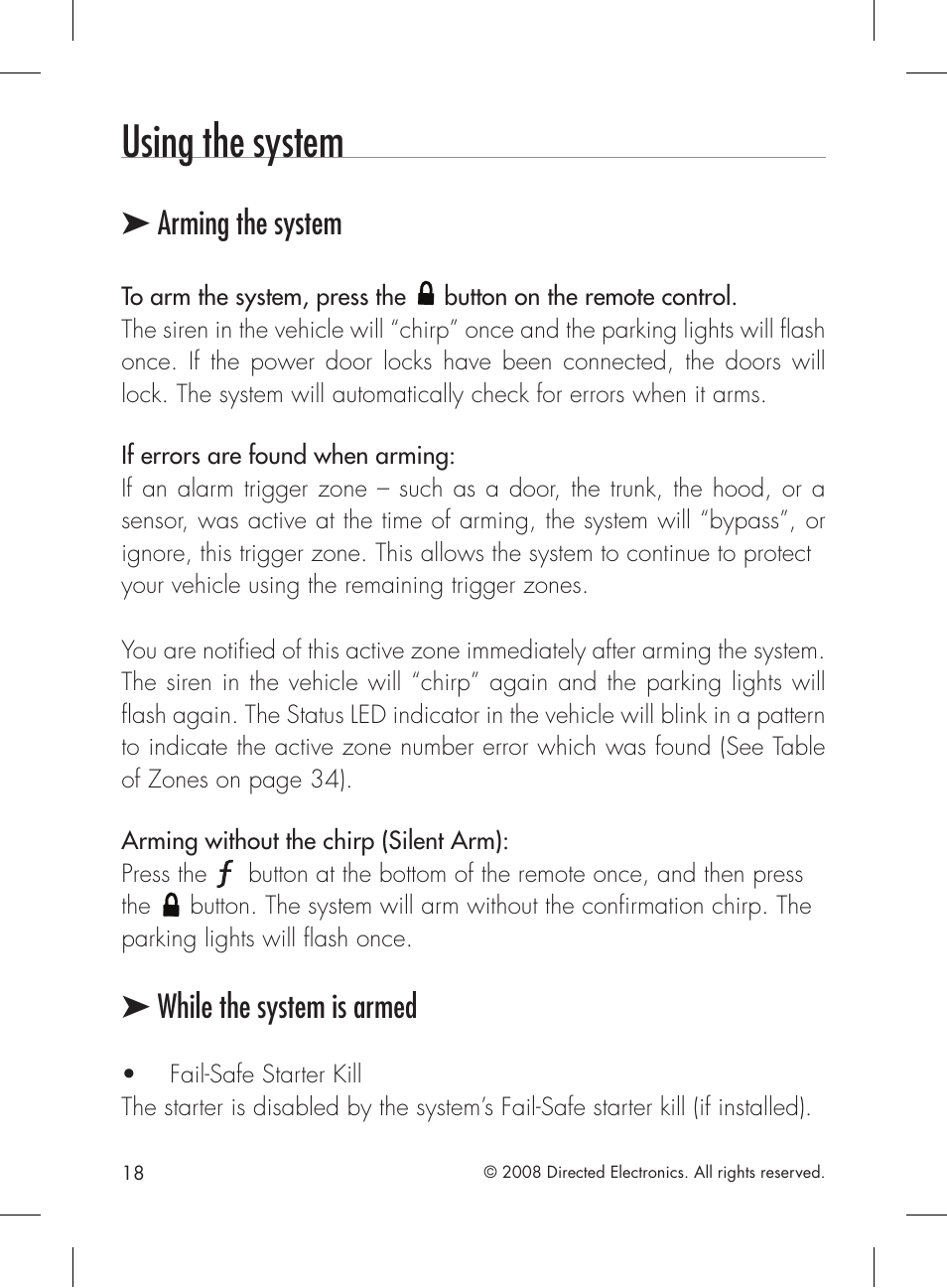 Using the system, Arming the system, While the system is armed | Directed Electronics 2.2 User Manual | Page 18 / 52