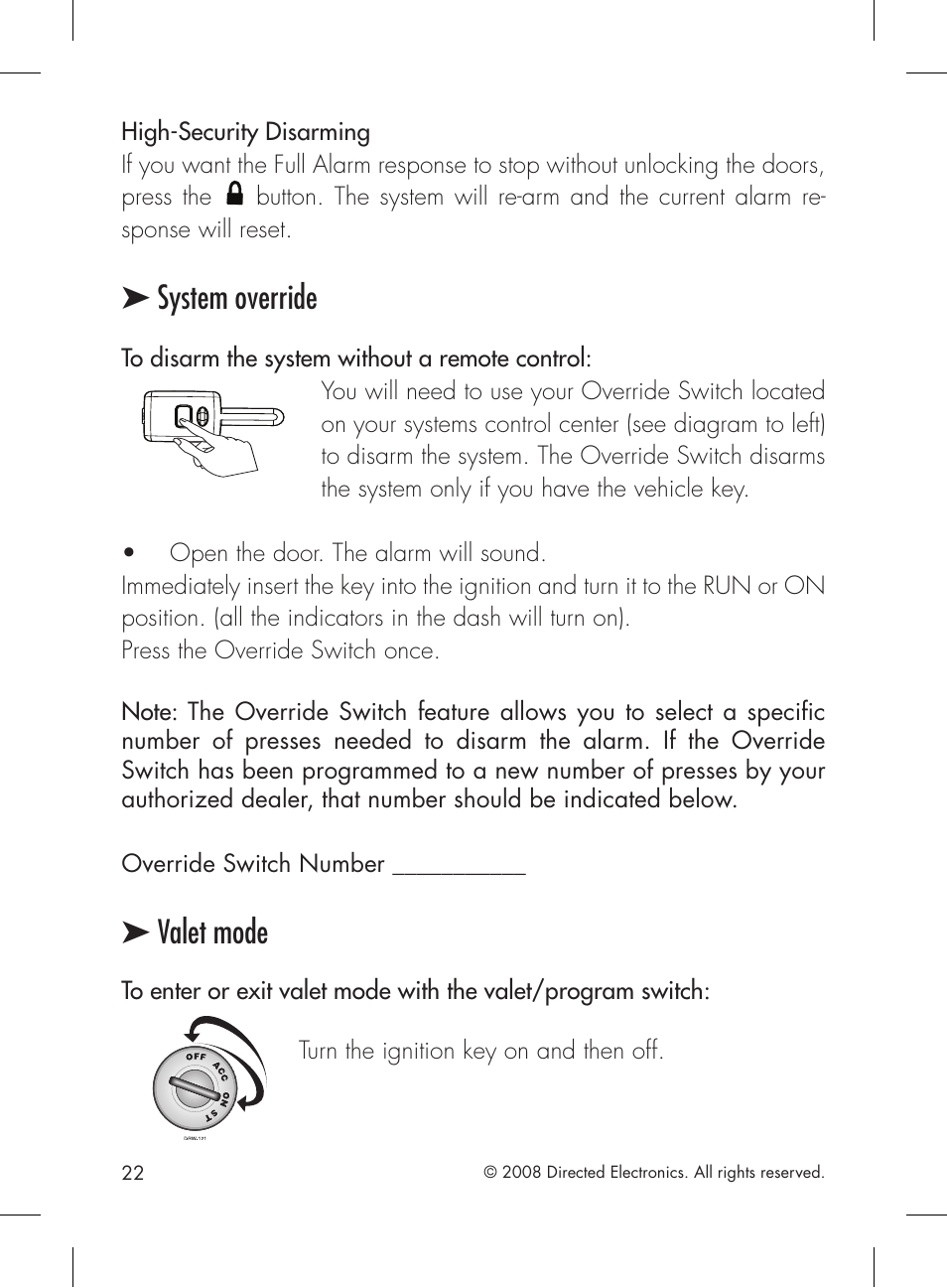 System override, Valet mode | Directed Electronics 2.2 User Manual | Page 22 / 52