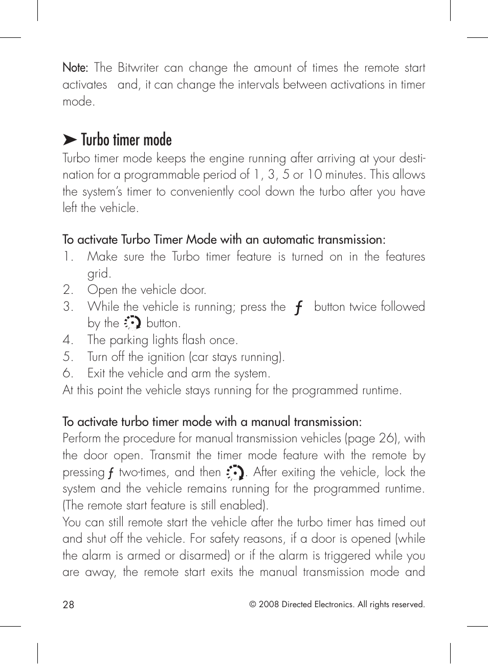 Turbo timer mode | Directed Electronics 2.2 User Manual | Page 28 / 52