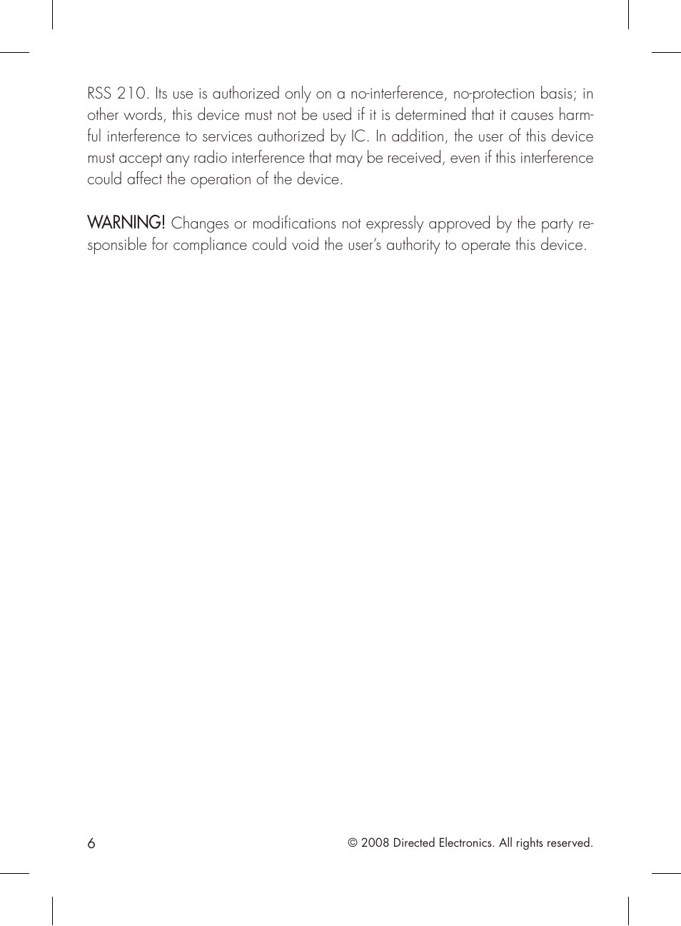 Warning | Directed Electronics 2.2 User Manual | Page 6 / 52