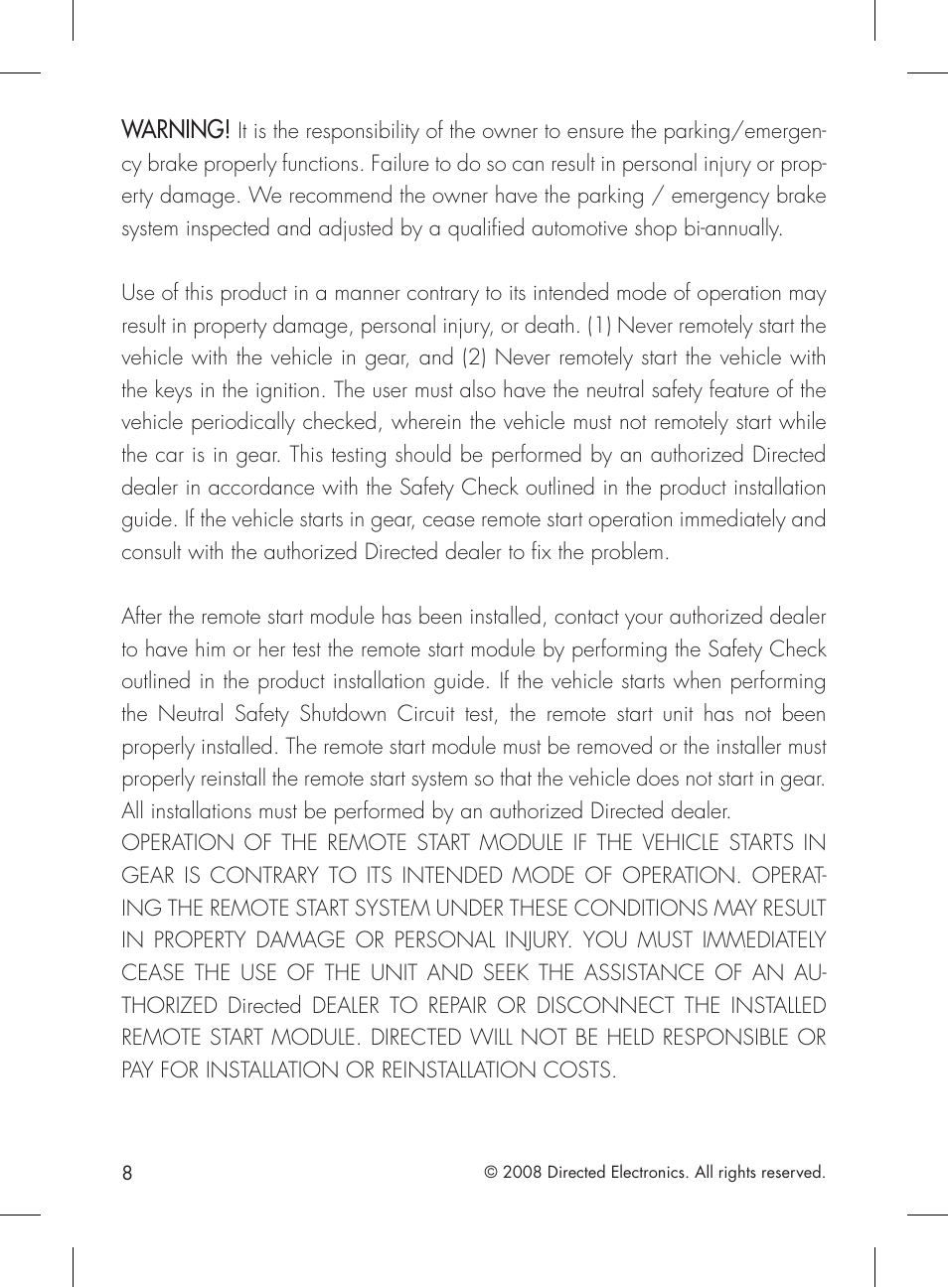 Warning | Directed Electronics 2.2 User Manual | Page 8 / 52