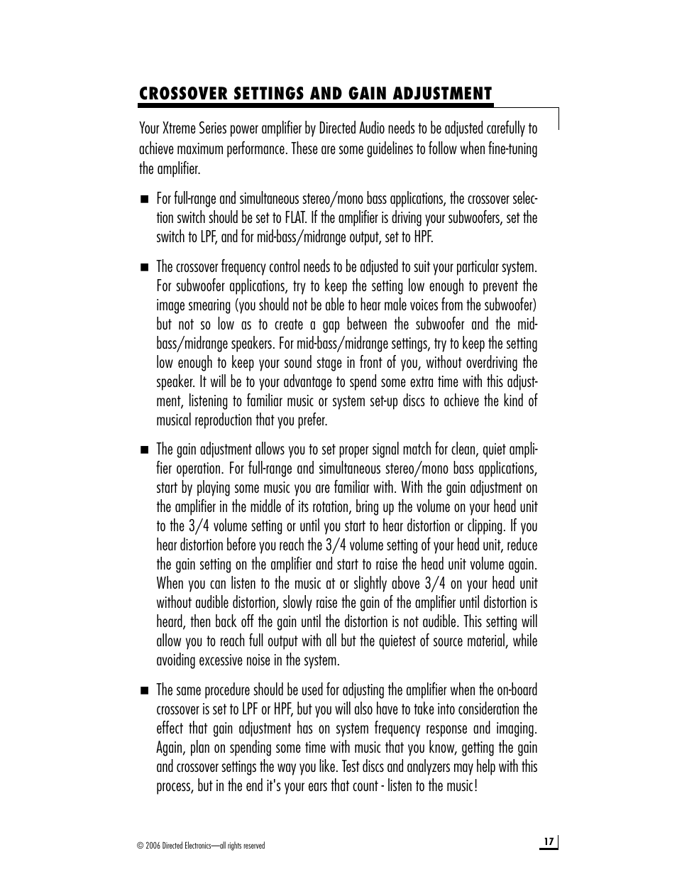 Crossover settings and gain adjustment | Directed Electronics XA-6004 User Manual | Page 17 / 20