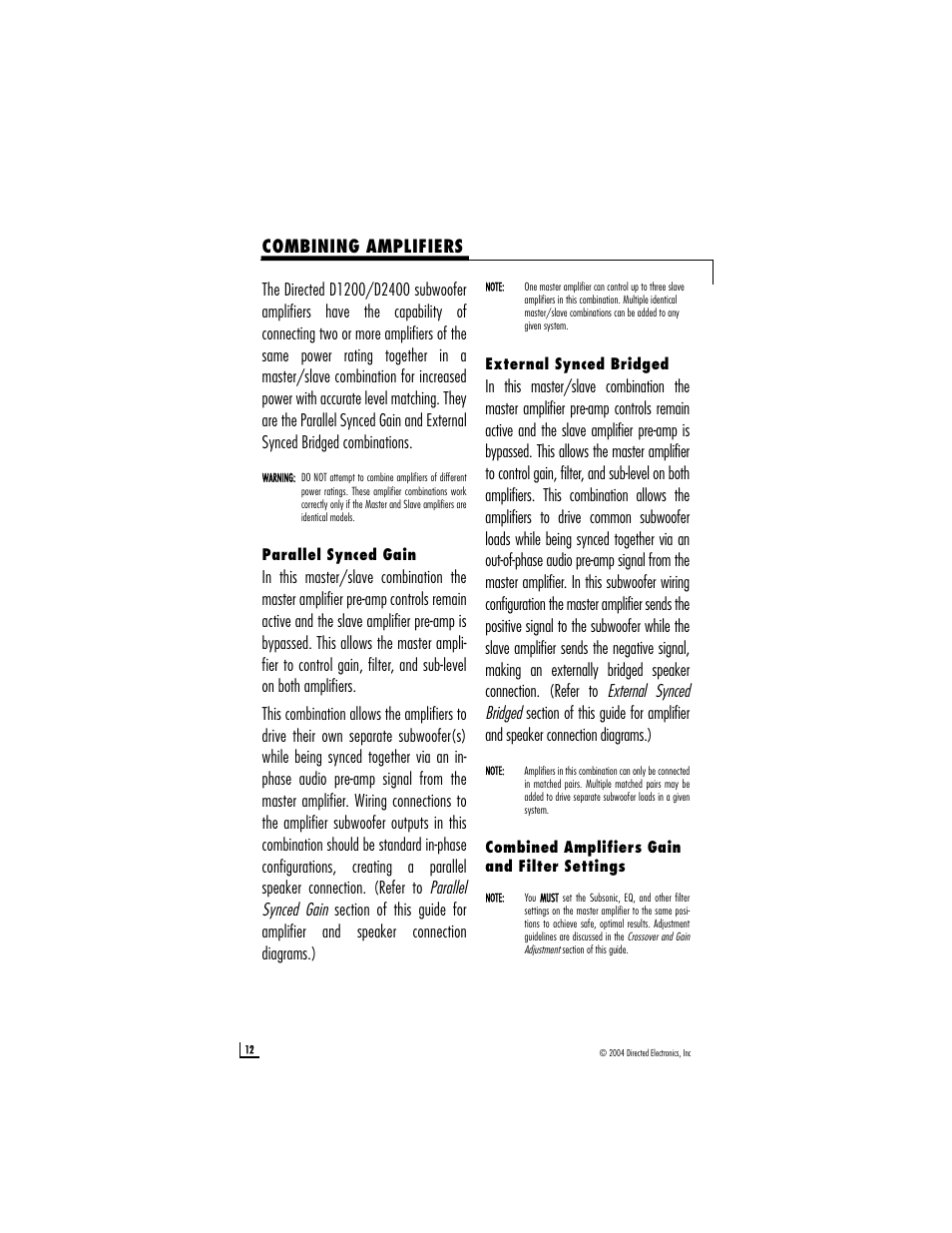 Combining amplifiers | Directed Electronics D2400 User Manual | Page 12 / 22