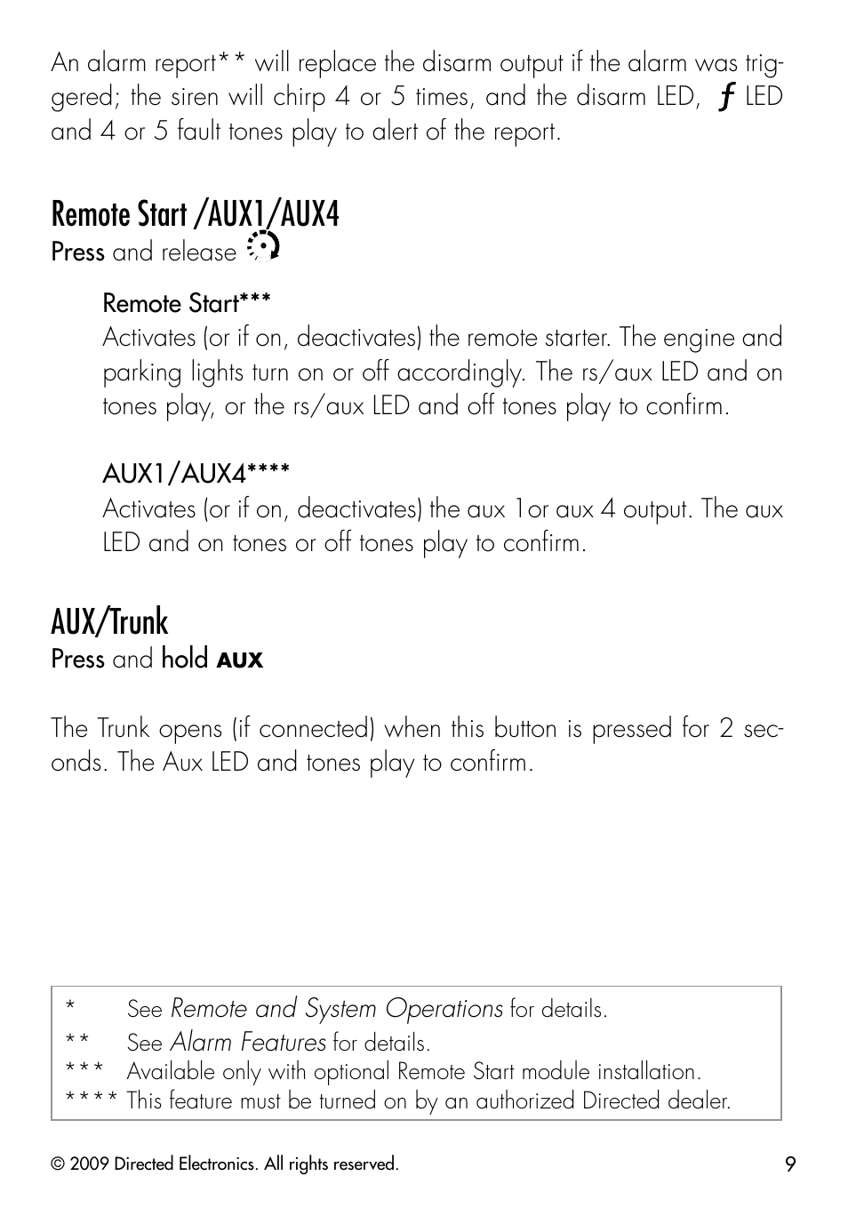 Remote start /aux1/aux4, Aux/trunk | Directed Electronics CLIFFORD 320.3X User Manual | Page 12 / 41