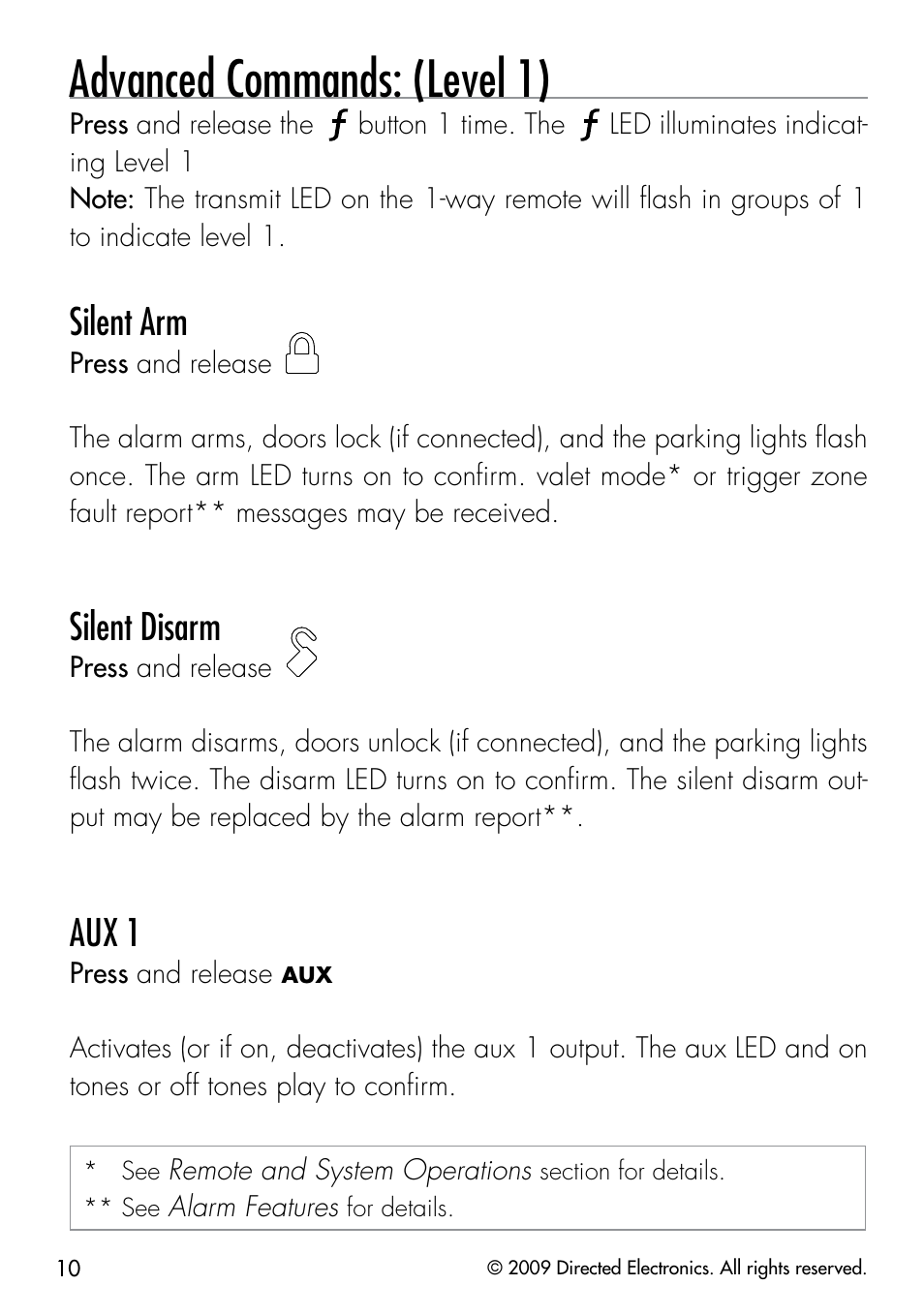 Advanced commands: (level 1), Silent arm, Silent disarm | Aux 1 | Directed Electronics CLIFFORD 320.3X User Manual | Page 13 / 41