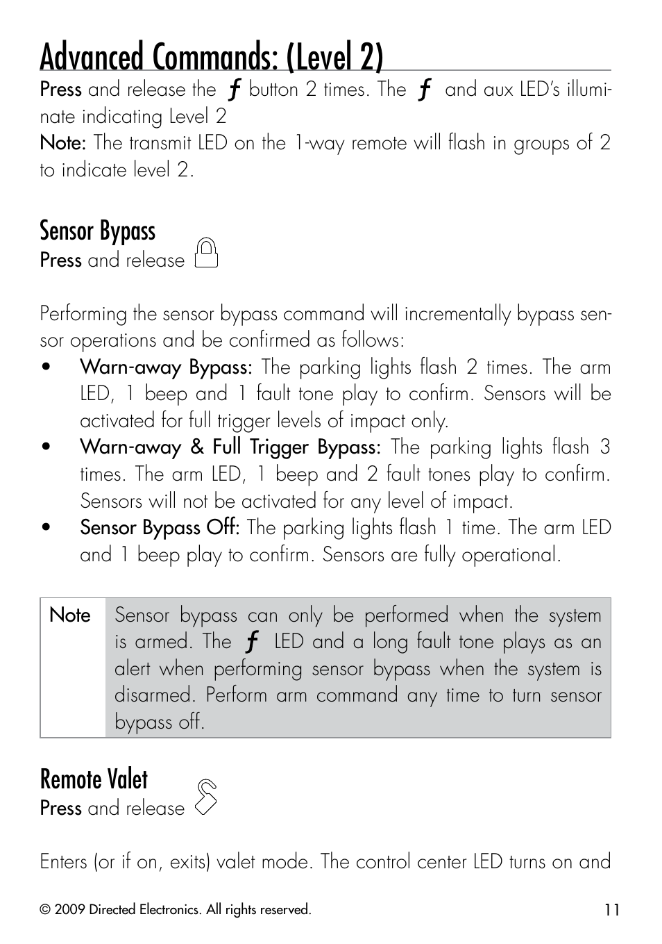 Advanced commands: (level 2), Sensor bypass, Remote valet | Directed Electronics CLIFFORD 320.3X User Manual | Page 14 / 41