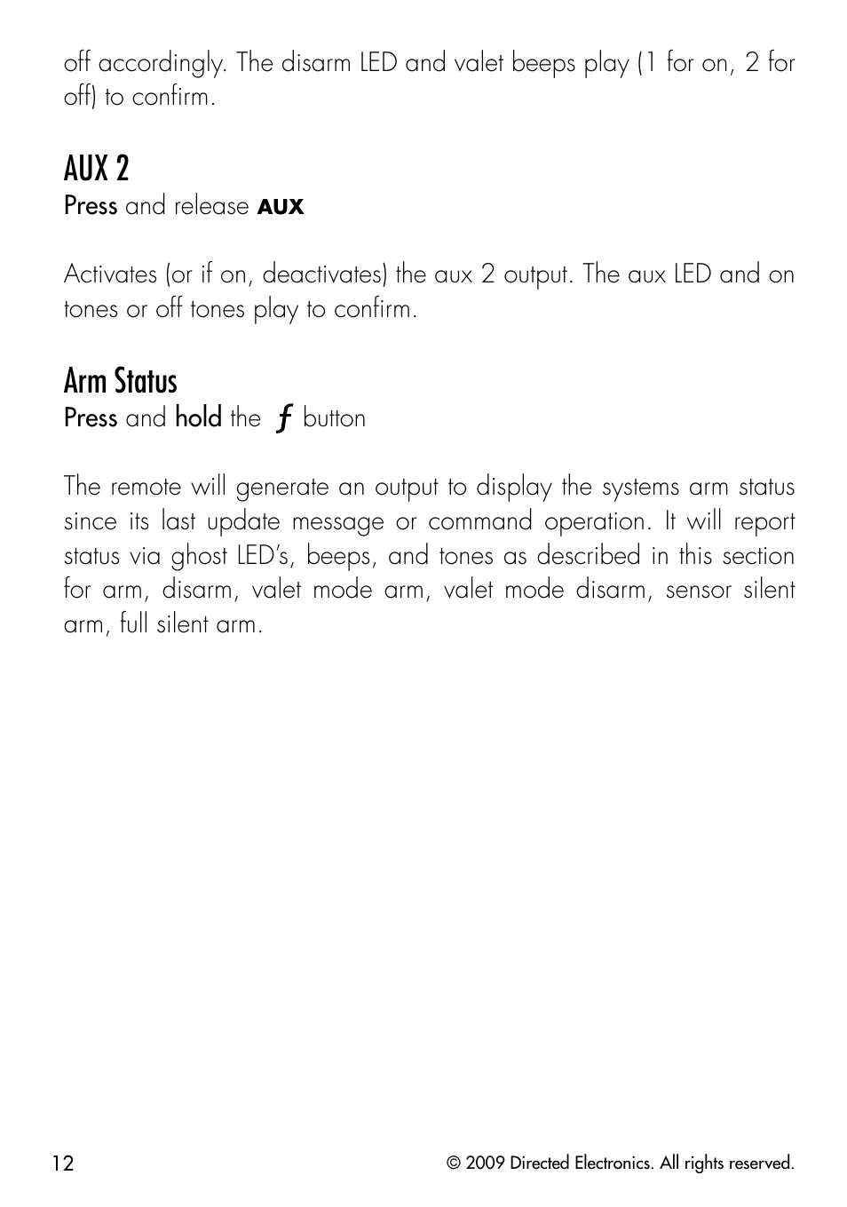 Aux 2, Arm status | Directed Electronics CLIFFORD 320.3X User Manual | Page 15 / 41