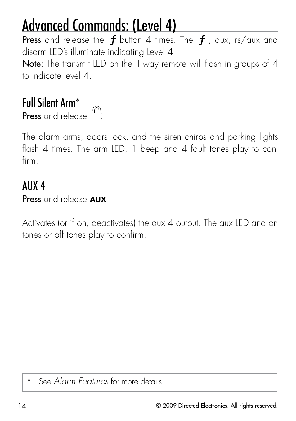 Advanced commands: (level 4), Full silent arm, Aux 4 | Directed Electronics CLIFFORD 320.3X User Manual | Page 17 / 41