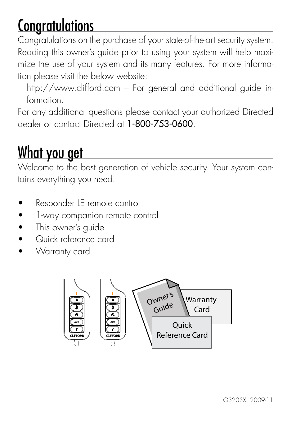 What you get | Directed Electronics CLIFFORD 320.3X User Manual | Page 2 / 41