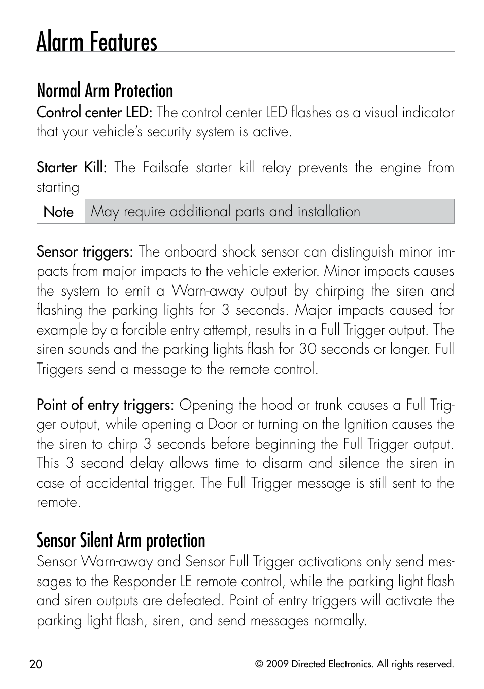 Alarm features, Normal arm protection, Sensor silent arm protection | Directed Electronics CLIFFORD 320.3X User Manual | Page 23 / 41