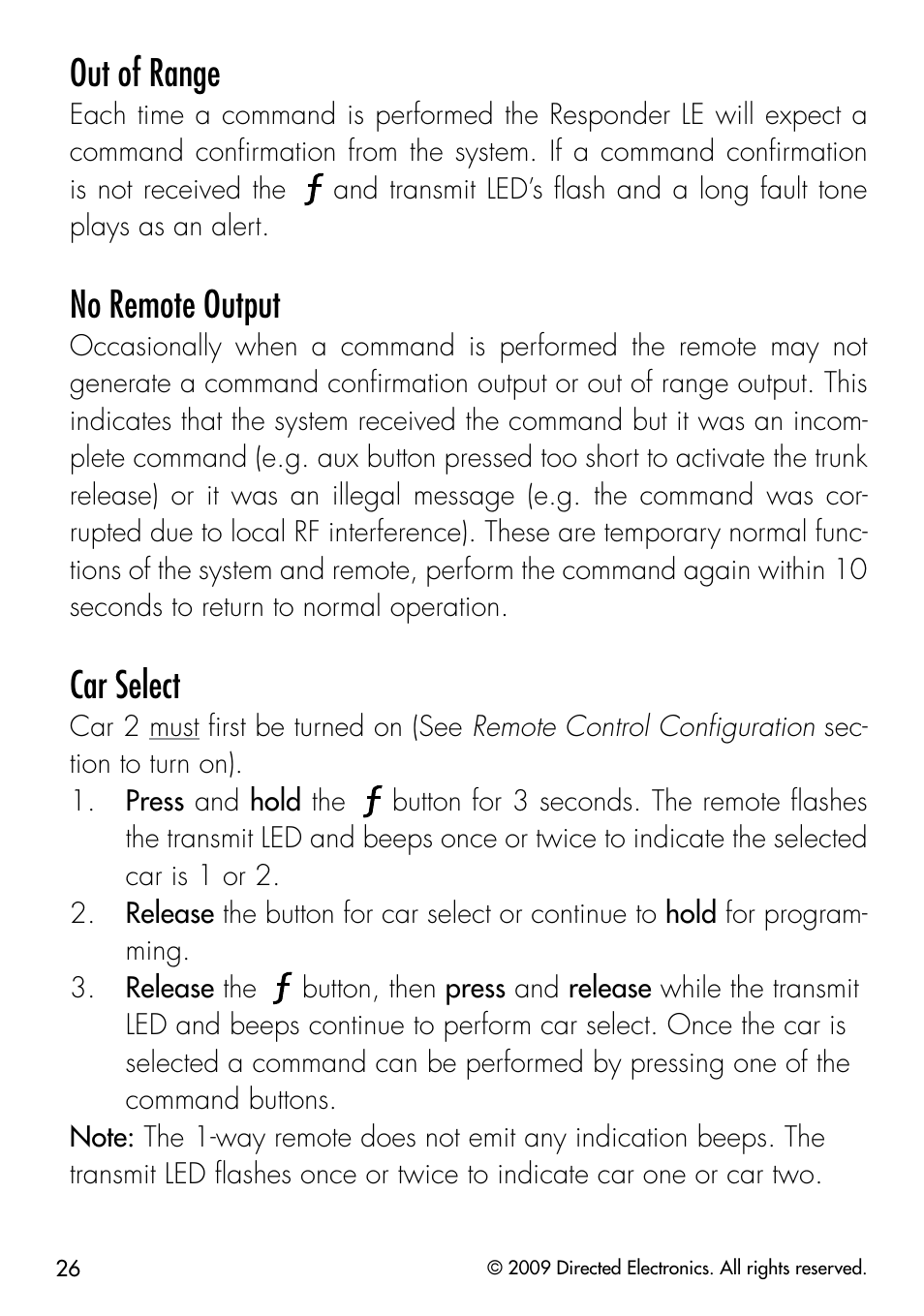Out of range, No remote output, Car select | Directed Electronics CLIFFORD 320.3X User Manual | Page 29 / 41