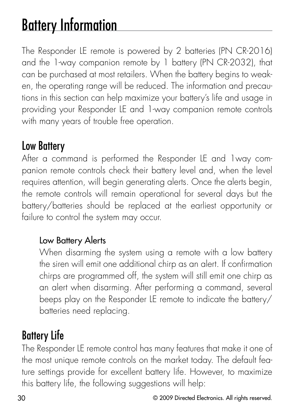Battery information, Low battery, Battery life | Directed Electronics CLIFFORD 320.3X User Manual | Page 33 / 41