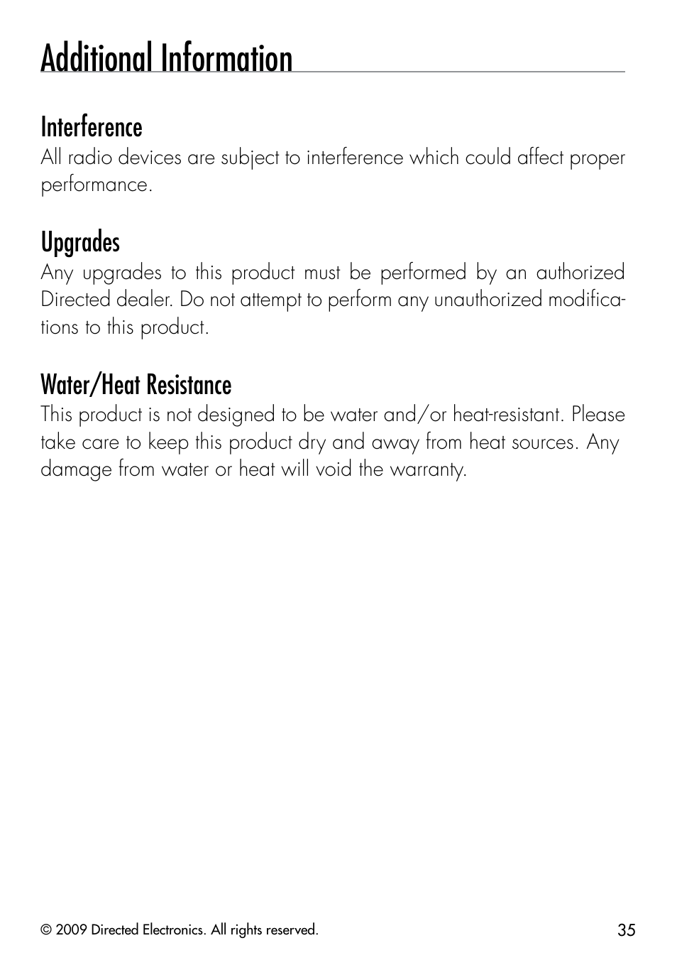 Additional information, Interference, Upgrades | Water/heat resistance | Directed Electronics CLIFFORD 320.3X User Manual | Page 38 / 41