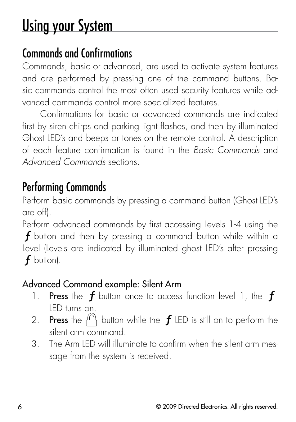 Using your system, Commands and conﬁrmations, Performing commands | Directed Electronics CLIFFORD 320.3X User Manual | Page 9 / 41