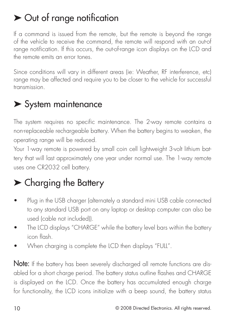 Out of range notification, System maintenance, Charging the battery | Directed Electronics 951 User Manual | Page 10 / 48
