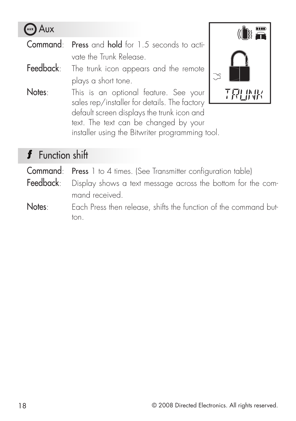 Function shift, Command, Feedback | Directed Electronics 951 User Manual | Page 18 / 48
