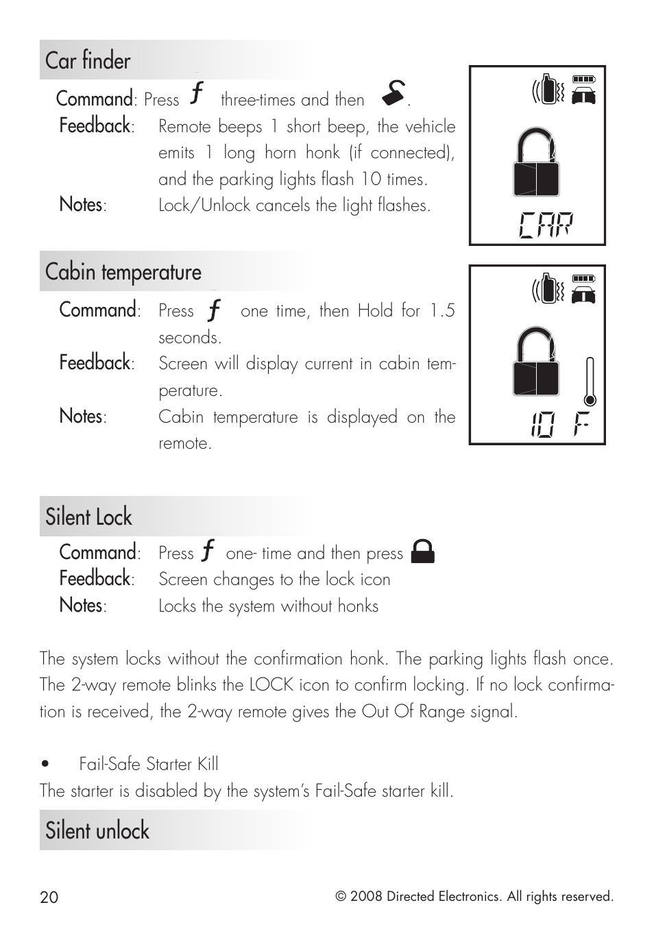 Car finder, Cabin temperature, Silent lock | Silent unlock, Command, Feedback | Directed Electronics 951 User Manual | Page 20 / 48